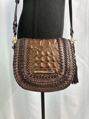 Brahmin Croc Embossed Brown Leather Crossbody Saddle Bag with Tassel Charm